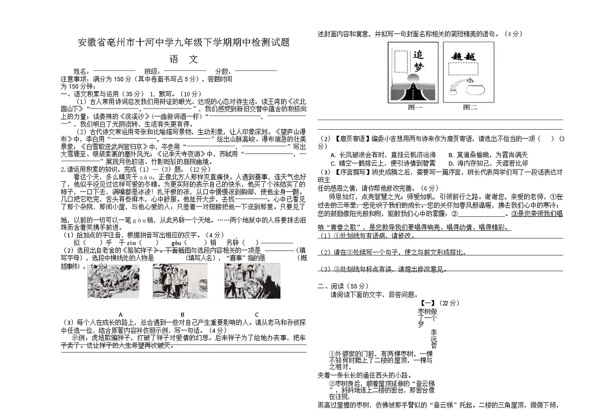 安徽省亳州市十河中学2024—2025学年九年级下学期期中检测语文试题第1页