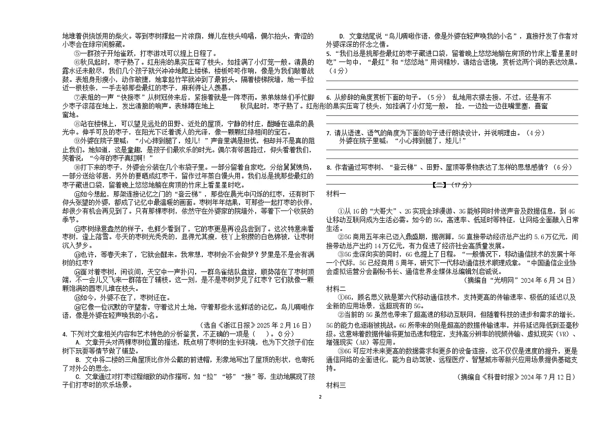 安徽省亳州市十河中学2024—2025学年九年级下学期期中检测语文试题第3页