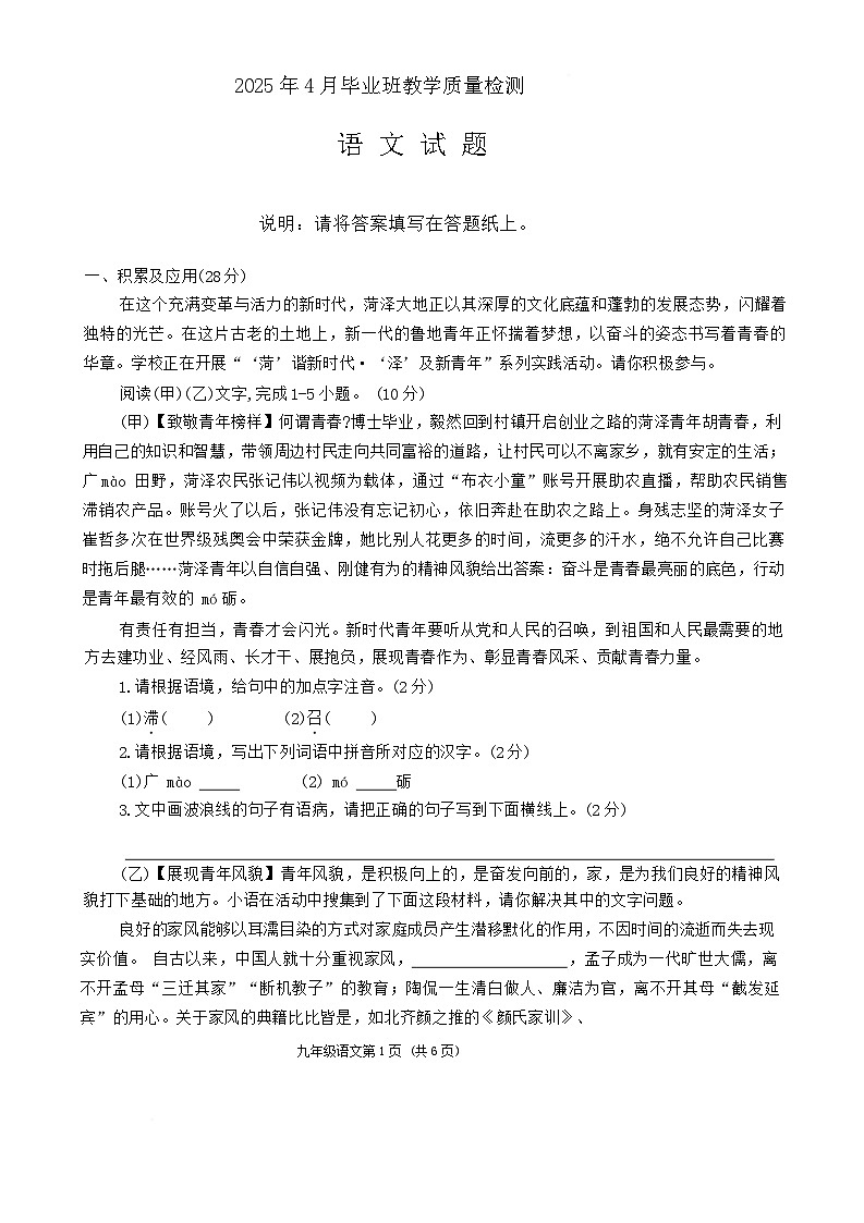 2025年山东省菏泽市曹县中考一模语文试题第1页