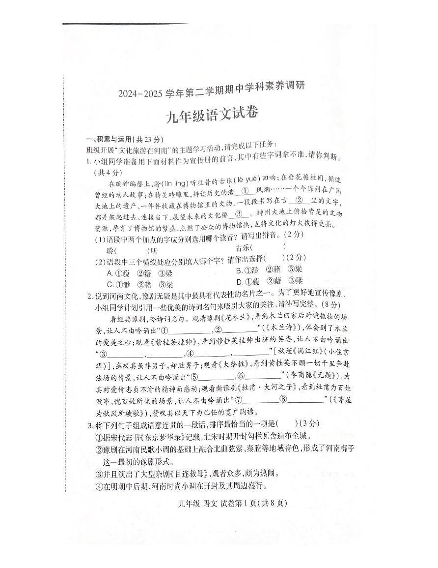 河南省洛阳市洛龙区2024-2025学年九年级下学期期中学科素养调研语文试卷第1页