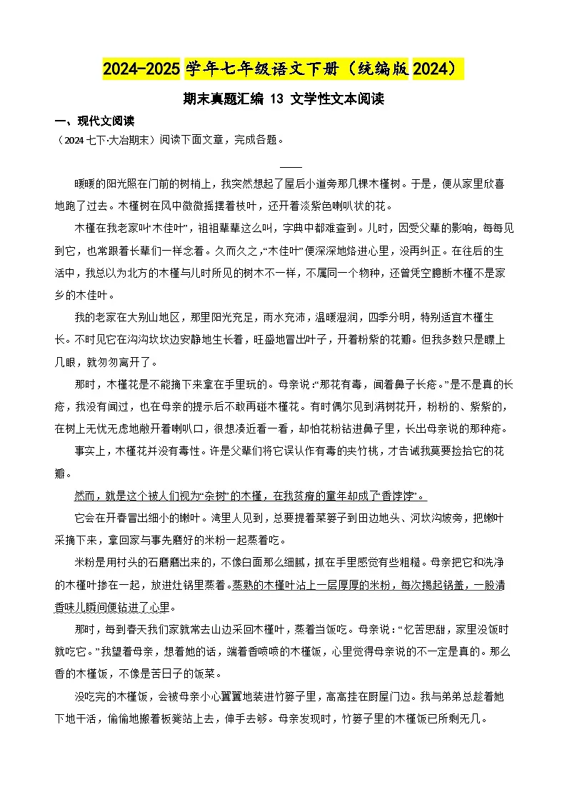 期末真题汇编 13 文学性文本阅读（含答案）—2024-2025学年七年级语文下册（统编版2024）第1页