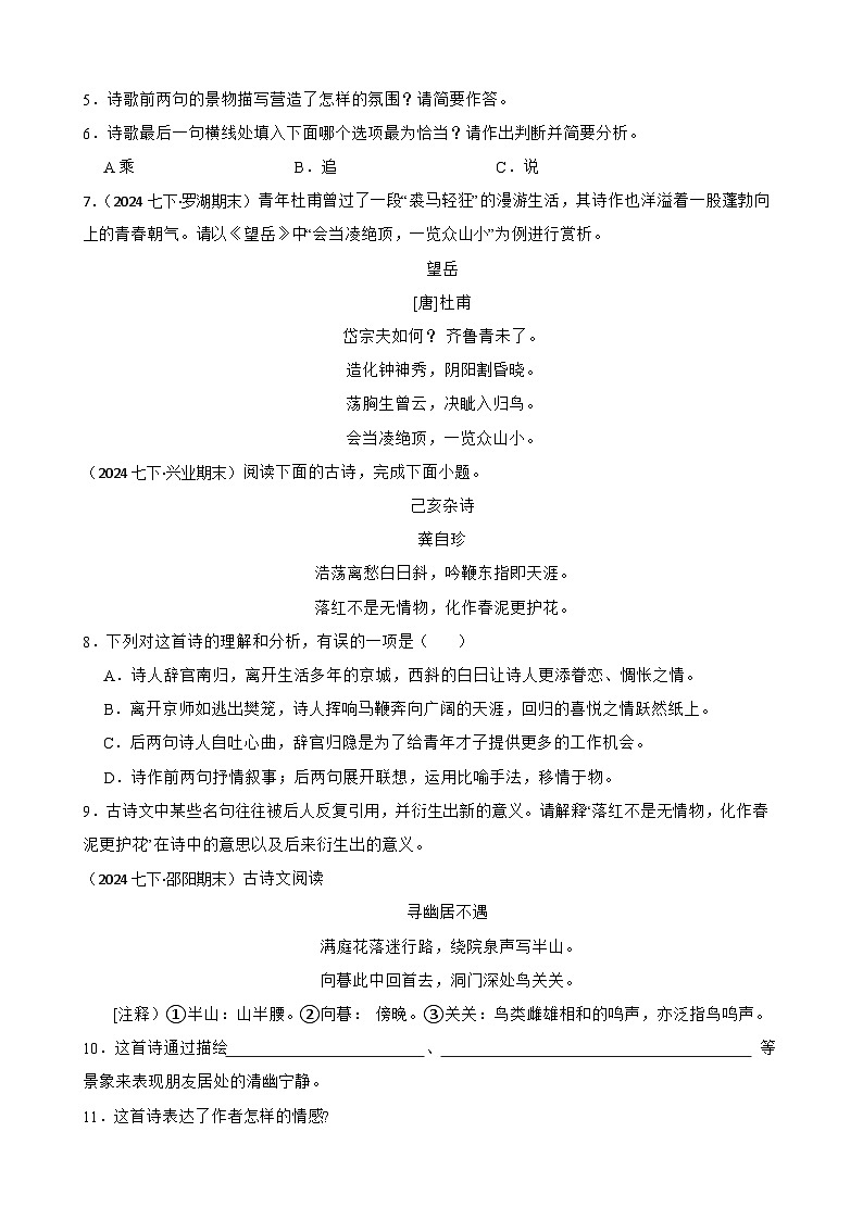 期末真题汇编 14 诗歌鉴赏（含答案）—2024-2025学年七年级语文下册（统编版2024）第2页