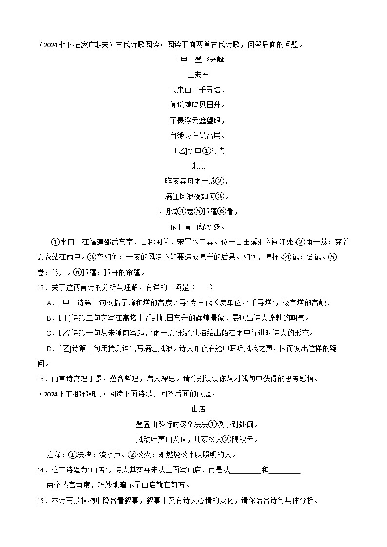 期末真题汇编 14 诗歌鉴赏（含答案）—2024-2025学年七年级语文下册（统编版2024）第3页