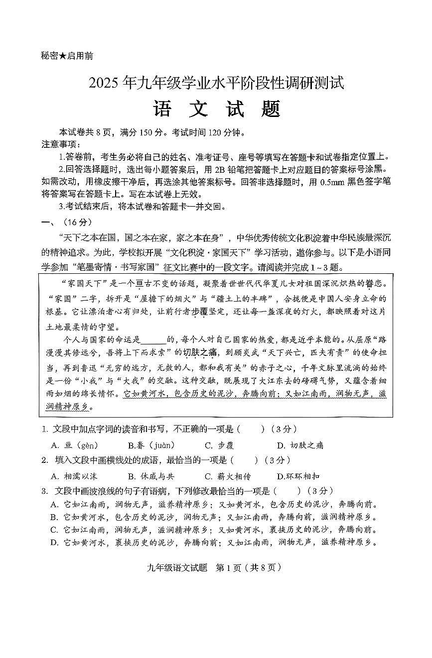 2025年山东省济南市槐荫区中考三模语文试题（无答案）第1页