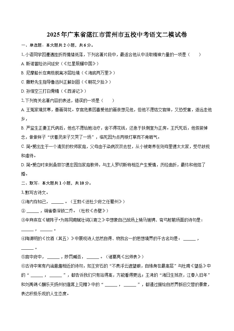 2025年广东省湛江市雷州市五校中考语文二模试卷(含详细答案解析)第1页
