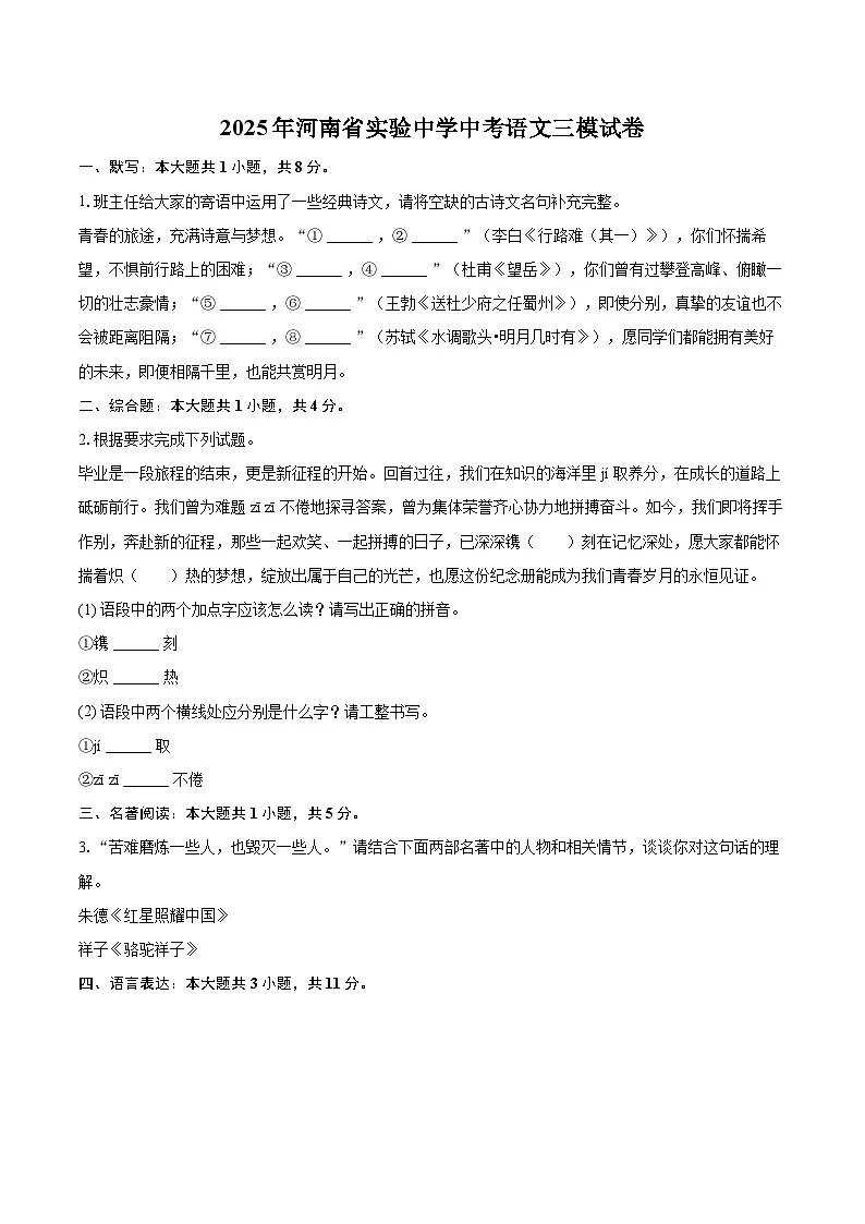 2025年河南省实验中学中考语文三模试卷(含详细答案解析)第1页