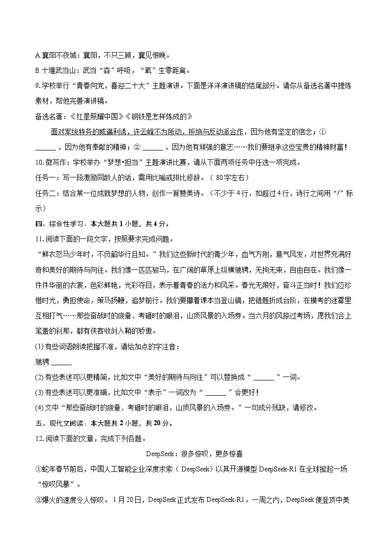 2025年湖北省襄阳市谷城县中考语文一模试卷(含详细答案解析)第3页