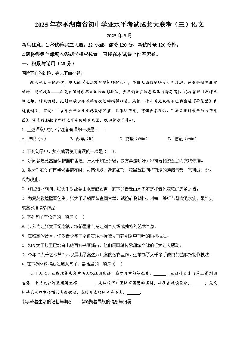 2025年湖南省衡阳市大部分学校联考中考模拟语文试题第1页