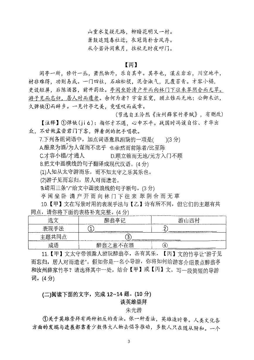 中山一中集团2024-2025九年级上10月整理语文卷第3页