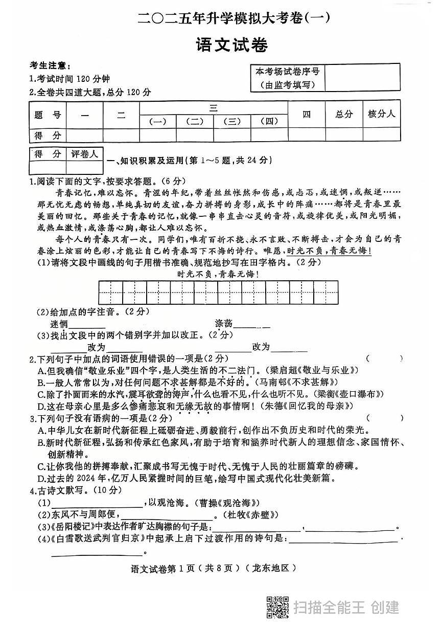 2025年黑龙江省龙东地区中考一模语文试题第1页