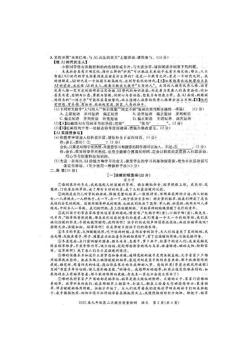 2025年安徽省阜阳市颍上县中考二模语文试题（中考模拟）第2页
