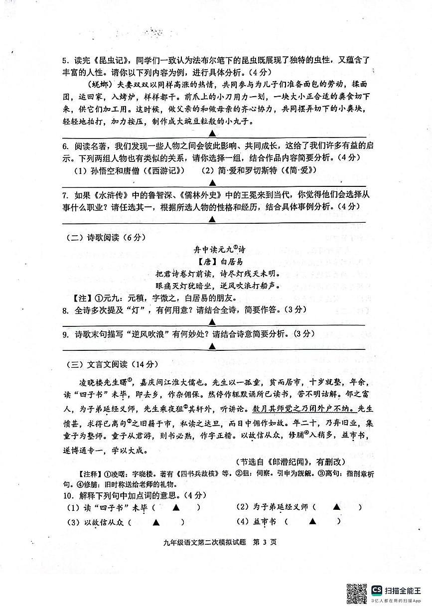 2025年江苏省扬州市宝应县中考二模语文试题（中考模拟）第3页