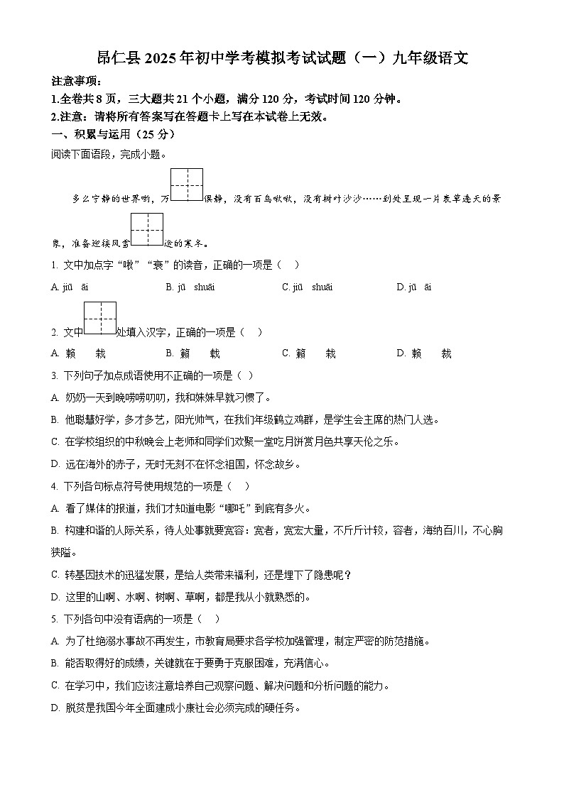 2025年西藏自治区日喀则市昂仁县中考一模语文试题（含答案）第1页