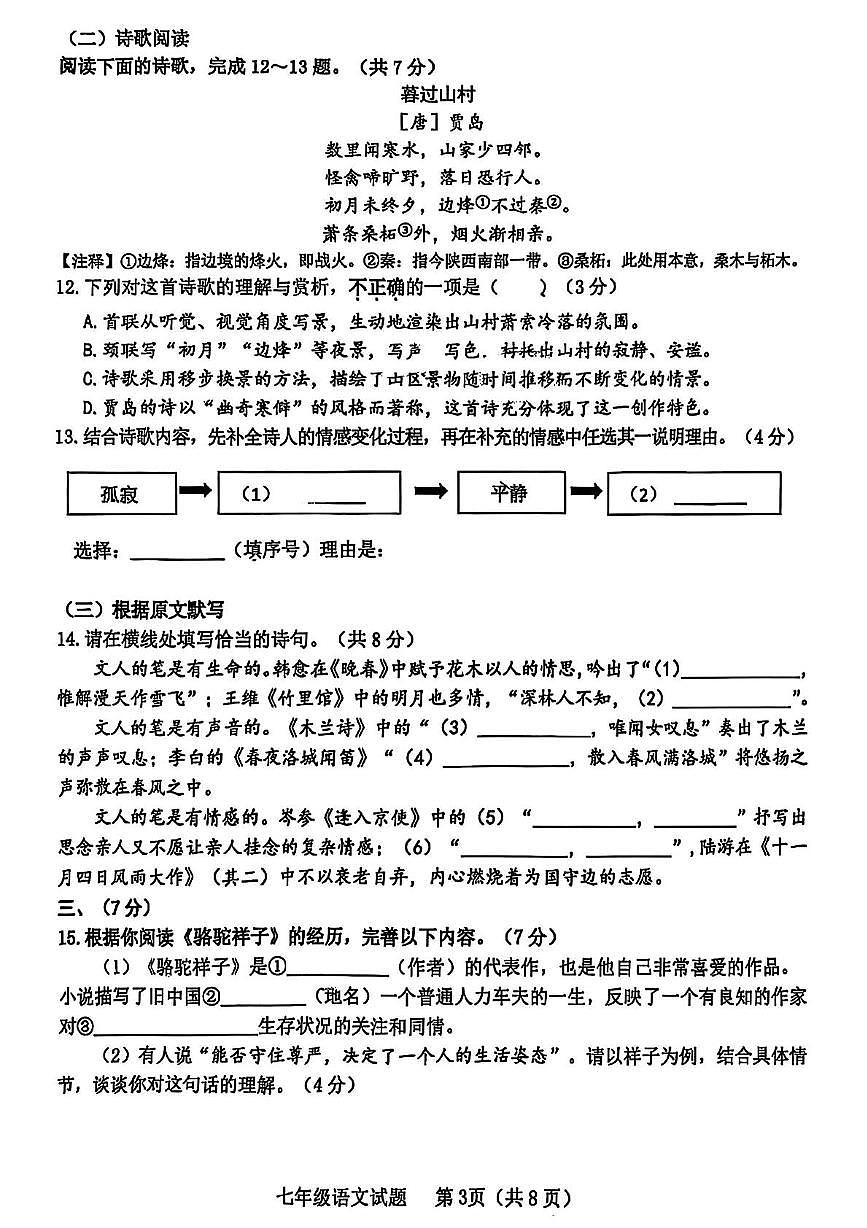 山东省济南市历城区2024-2025学年七年级下学期 语文期中试卷第3页