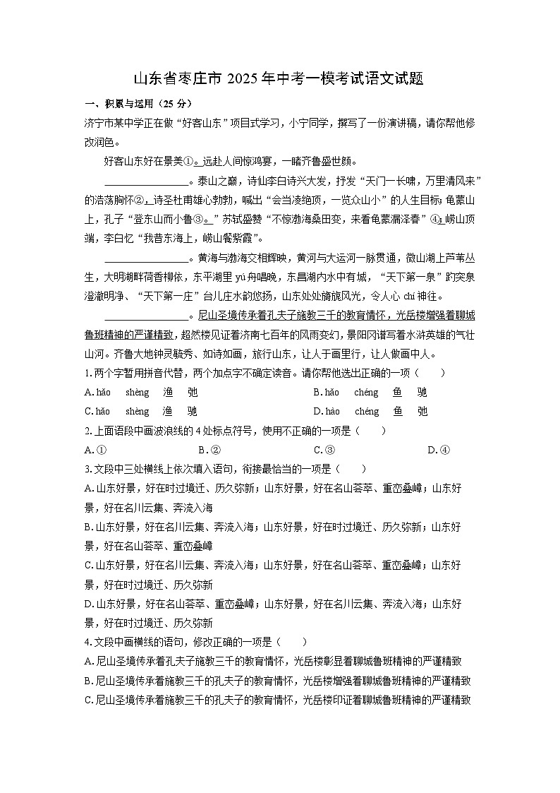 山东省枣庄市2025年中考一模考试语文试题（解析版）第1页