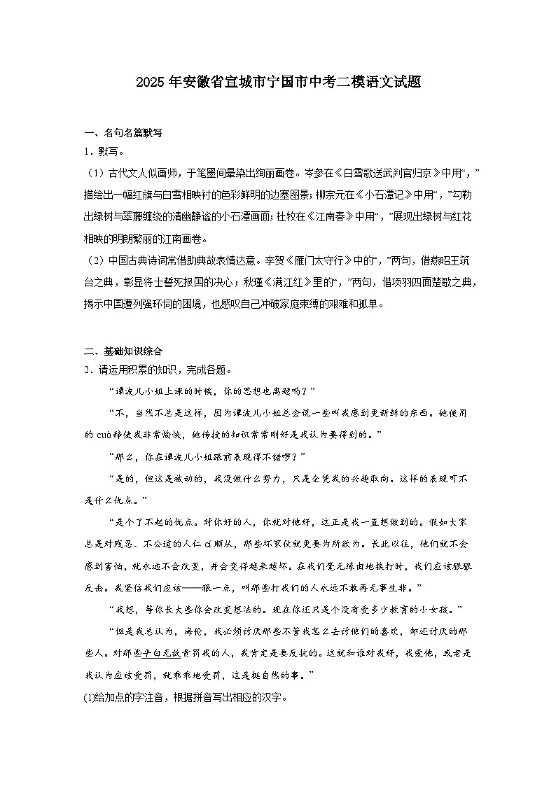 2025年安徽省宣城市宁国市中考二模语文试题（含答案）第1页