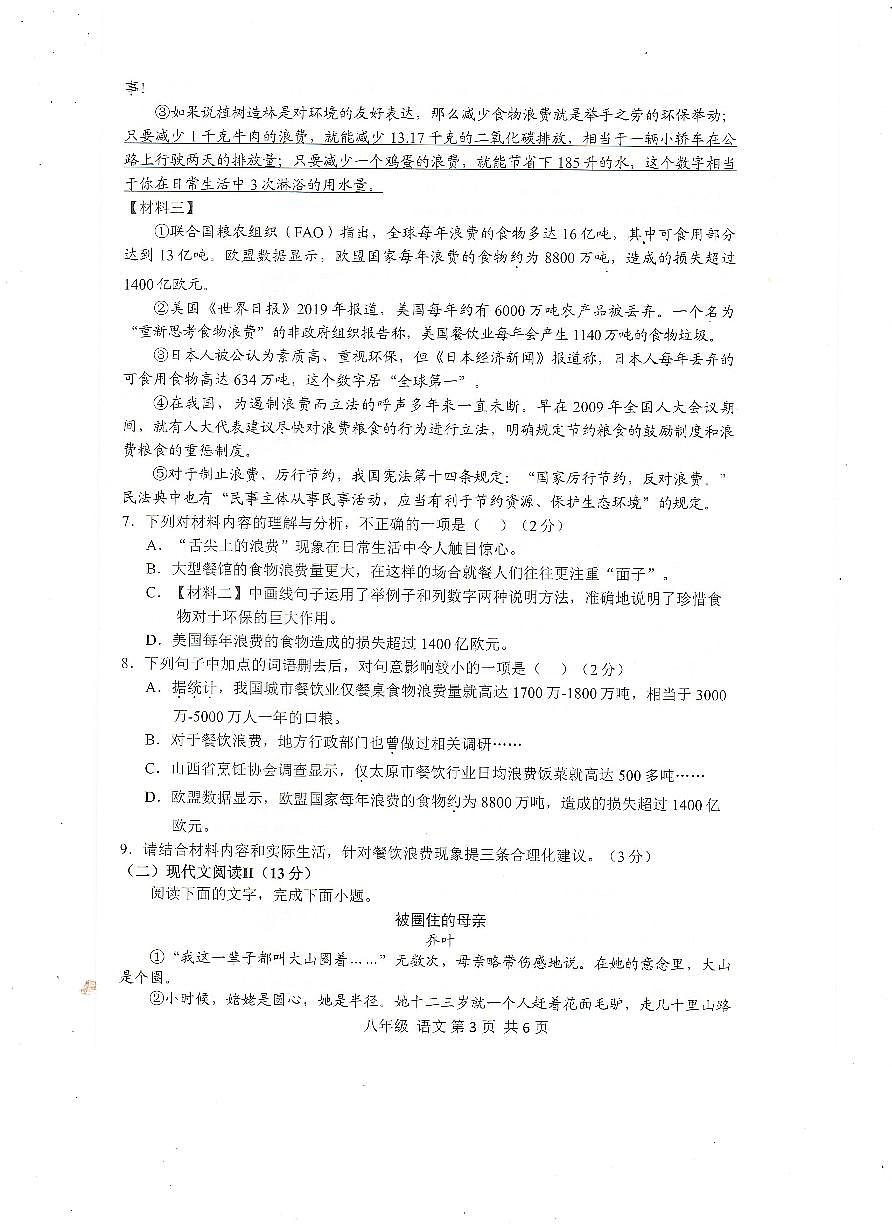 广西扶绥县2023-2024学年八年级下学期期中考试语文试题第3页