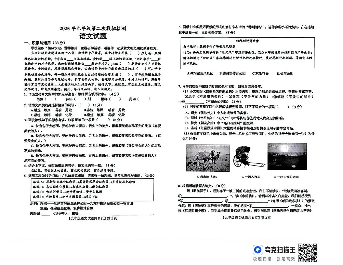 2025年山东省德州市德城区与陵城区联考中考二模语文试题（中考模拟）第1页