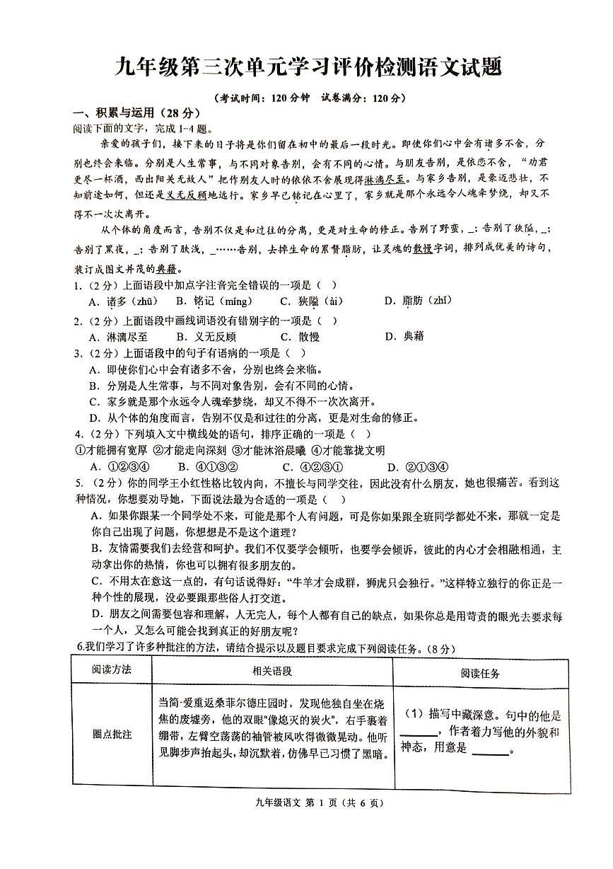 2025年山东省枣庄市第十五中学中考三模语文测试题（中考模拟）第1页