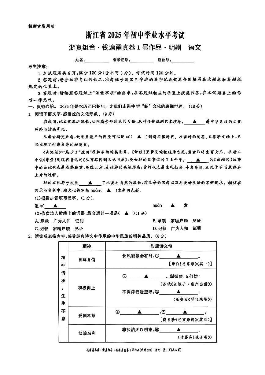 2025年浙江省宁波市初中学业水平考试语文试题（甬真卷1号·明州卷）（中考模拟）第1页
