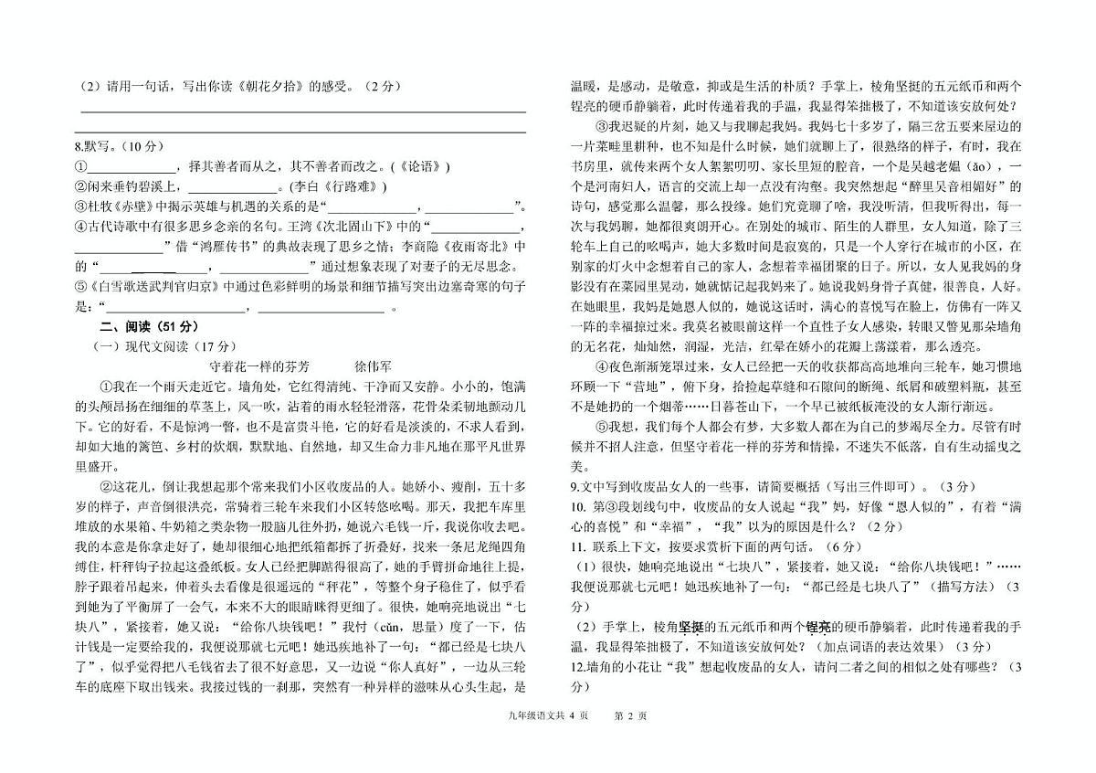 甘肃省张掖市山丹县清泉学校2024-2025学年九年级下学期期中语文试卷 2025春期中学业水平测试卷九年级语文第2页