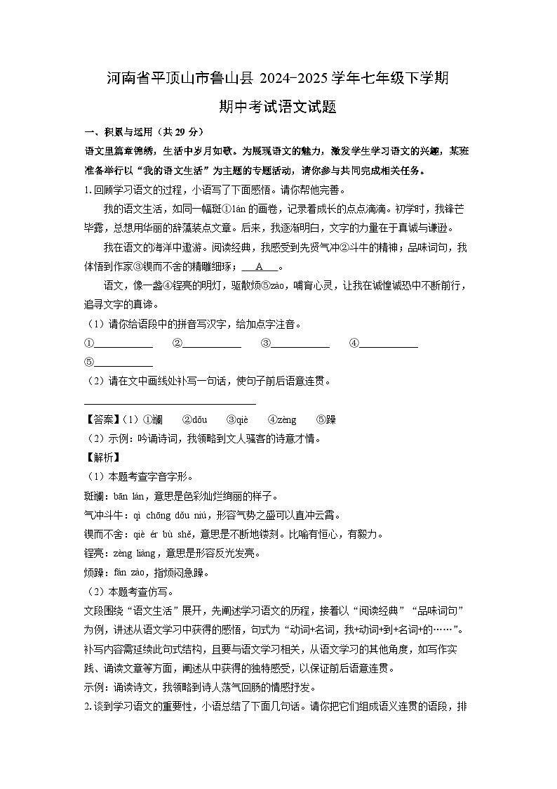 河南省平顶山市鲁山县2024-2025学年七年级下学期期中考试语文试卷（解析版）第1页