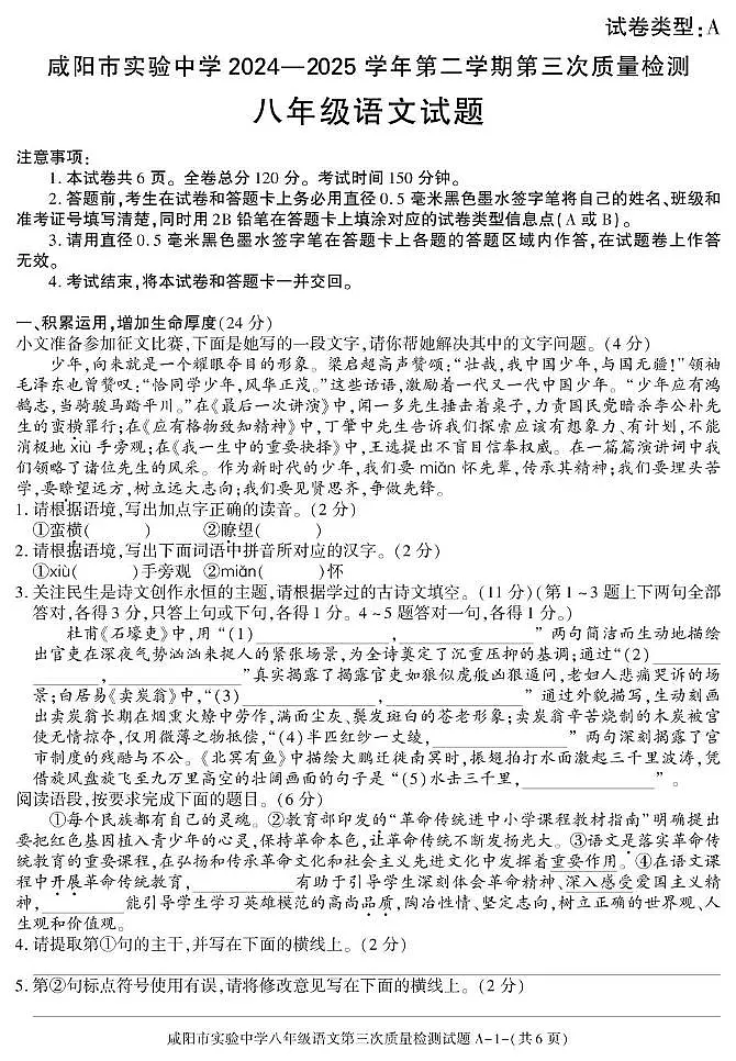 陕西省咸阳市实验中学2024-2025学年八年级下学期第三次质量检测试语文试卷第1页