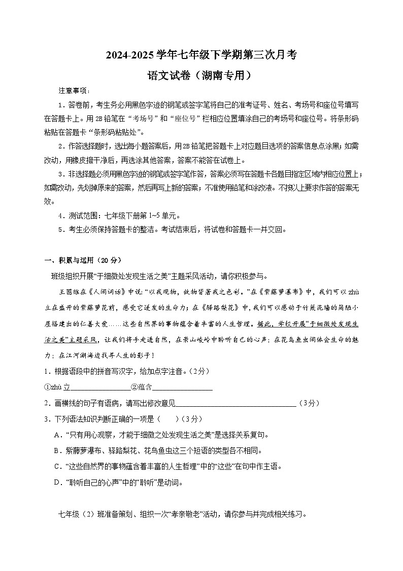湖南卷-2024-2025学年七年级下学期语文第三次月考试卷（含答案解析）第1页