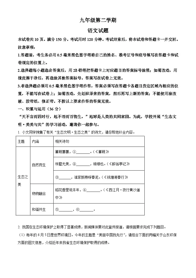 2025年山东省泰安市泰山区中考二模语文试题第1页