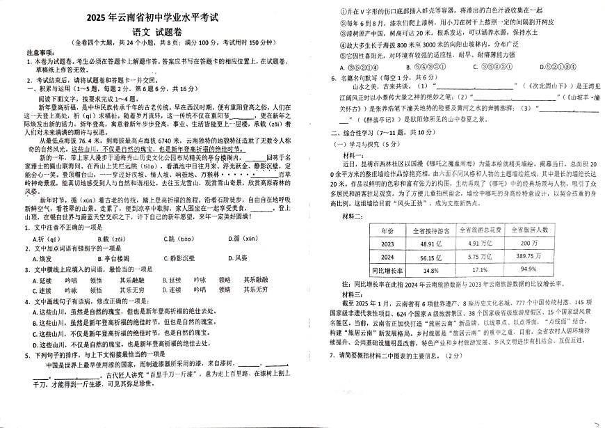 2025年云南省初中学业水平考试九年级语文试题卷第1页