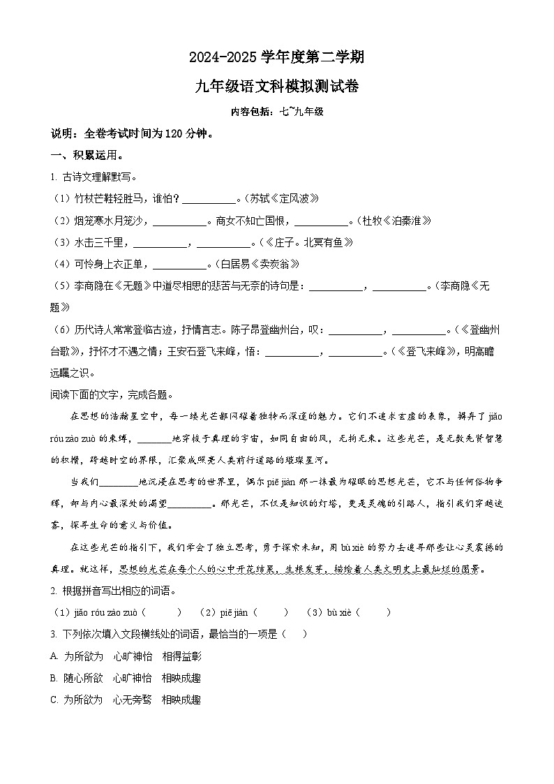 2025年广东省汕头市潮南区陈店公校联考中考三模语文试题（含答案）第1页