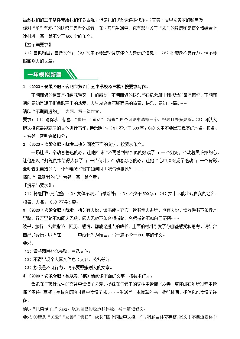 专题07 作文-5年（2019-2023）中考1年模拟语文真题分项汇编（安徽专用）（原卷版）-A4第2页