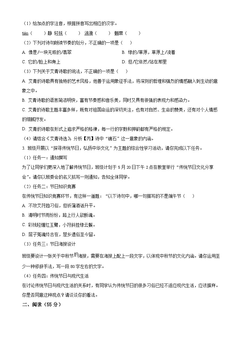 2025年安徽省六安市第九中学教育集团中考一模语文试题（原卷版）第2页