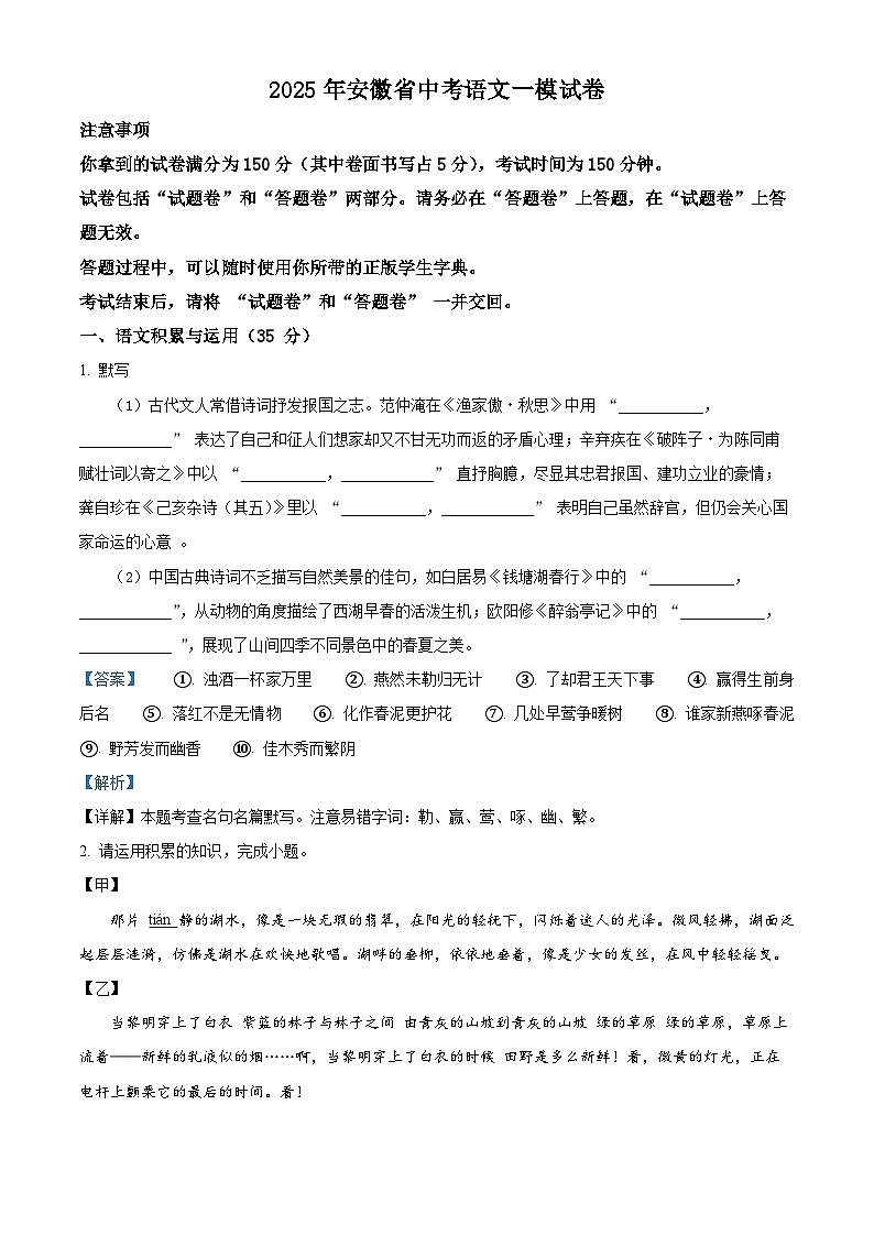 2025年安徽省六安市第九中学教育集团中考一模语文试题（解析版）第1页