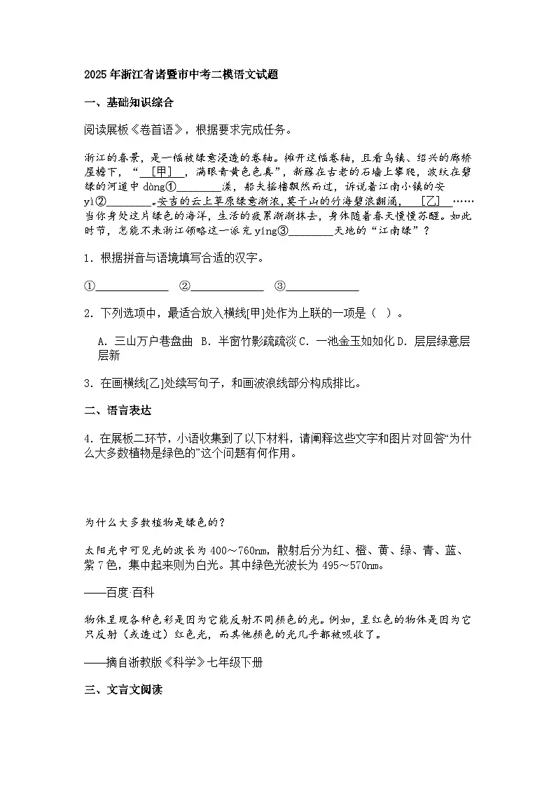 2025年浙江省诸暨市中考二模语文试题（含答案）第1页