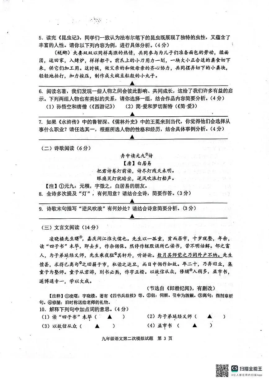2025年江苏省扬州市宝应县中考二模语文试题第3页