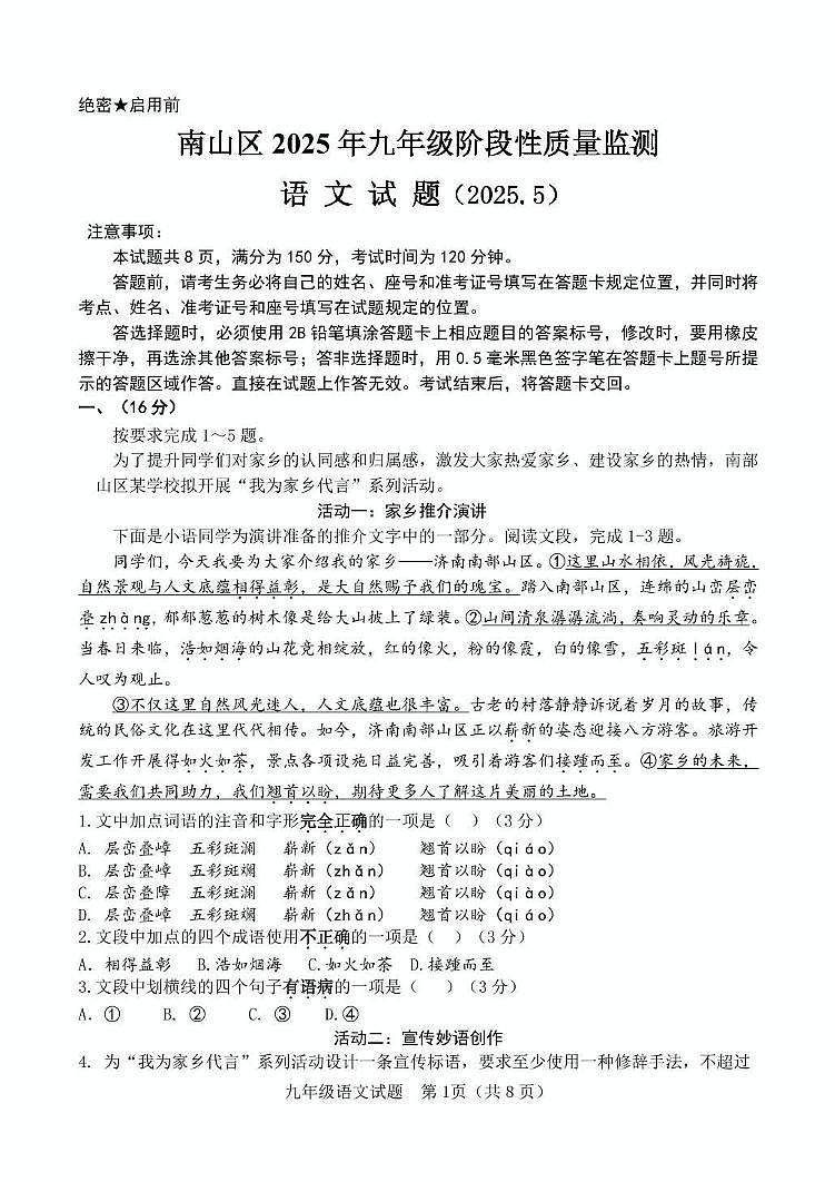2025年山东省济南市南山区中考二模语文试题第1页