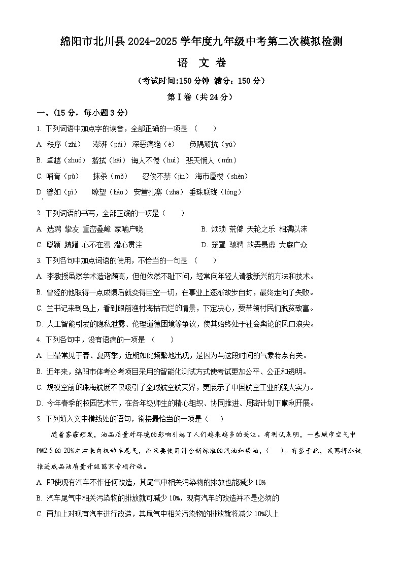 2025年四川省绵阳市北川羌族自治县中考二模语文试题（原卷版）第1页