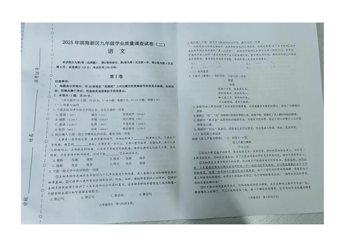 2025年天津市滨海新区九年级二模语文试题（含答案） 2025年天津市滨海新区中考二模语文试题第1页