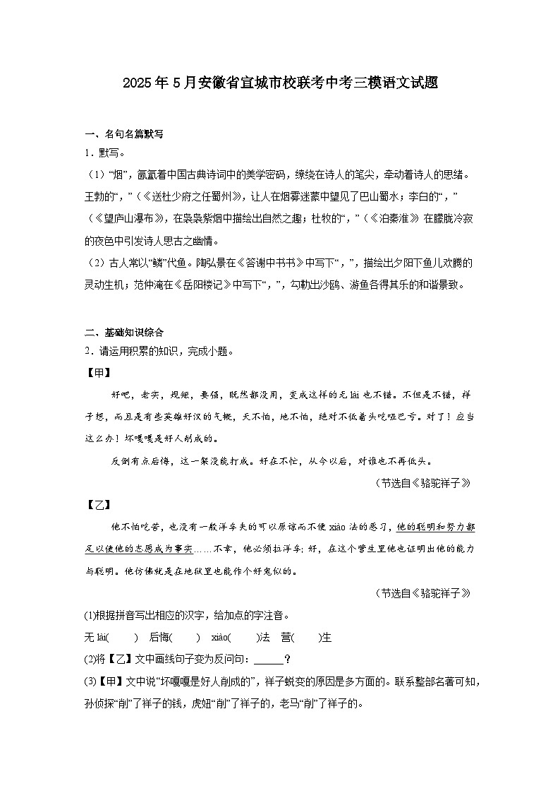 2025年5月安徽省宣城市校联考中考三模语文试题（含答案）第1页
