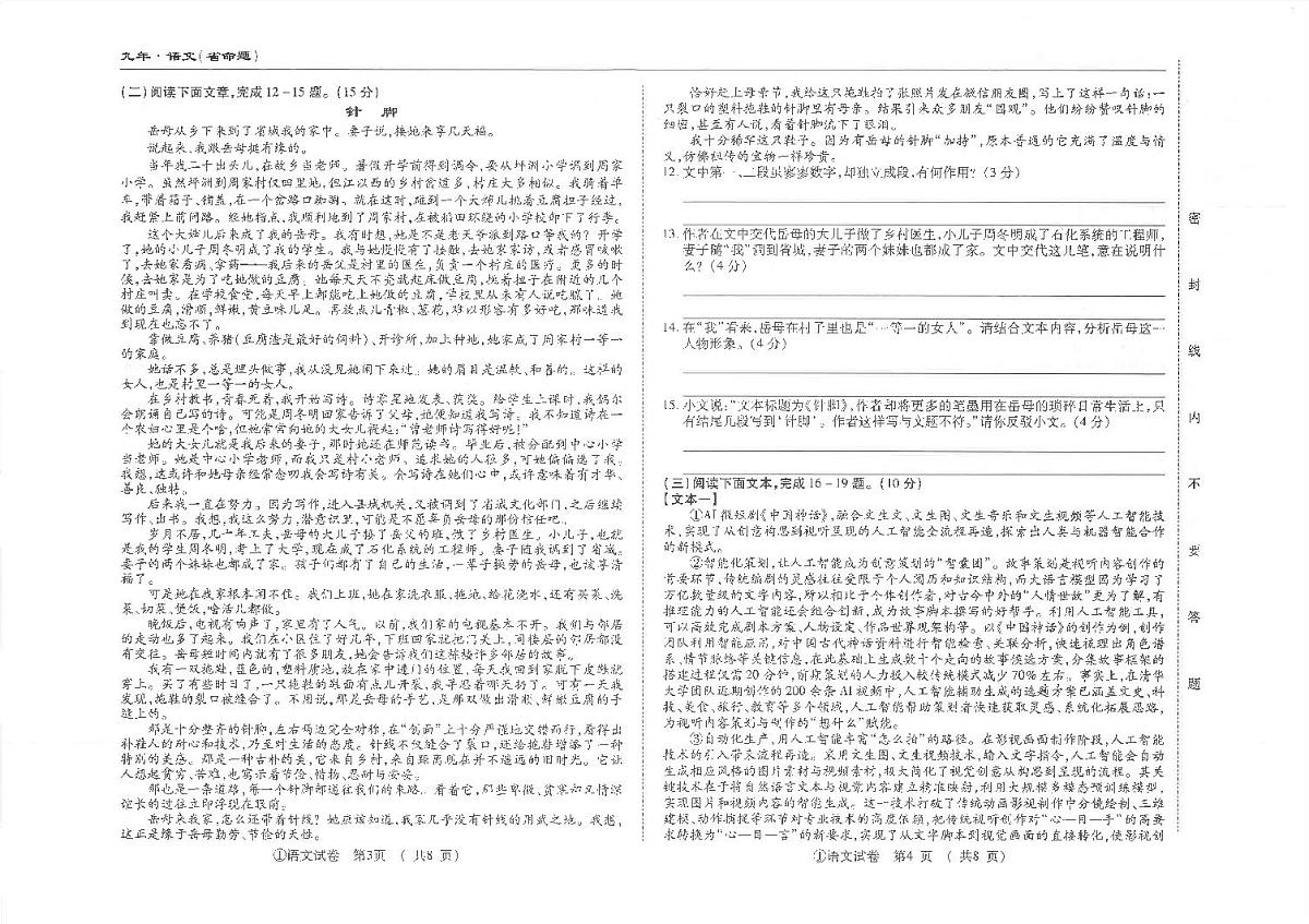 吉林省松原市前郭县南部学区2024~2025学年度下学期九年级第四次模拟测试   语文（含答题卡、答案）第2页