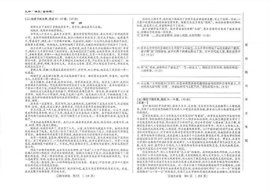 吉林省松原市前郭县南部学区2024~2025学年度下学期九年级第四次模拟测试   语文（含答题卡、答案）第2页