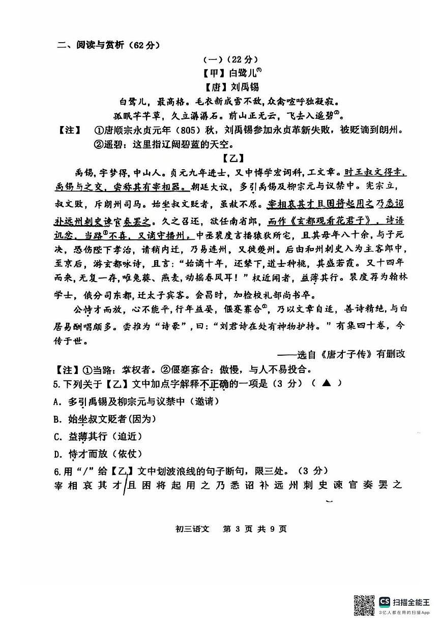 2025年江苏省无锡市大桥实验学校中考二模语文试题（中考模拟）第3页