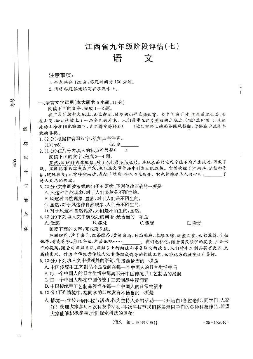 2025年江西省九江市瑞昌市中考三模语文试题（中考模拟）第1页