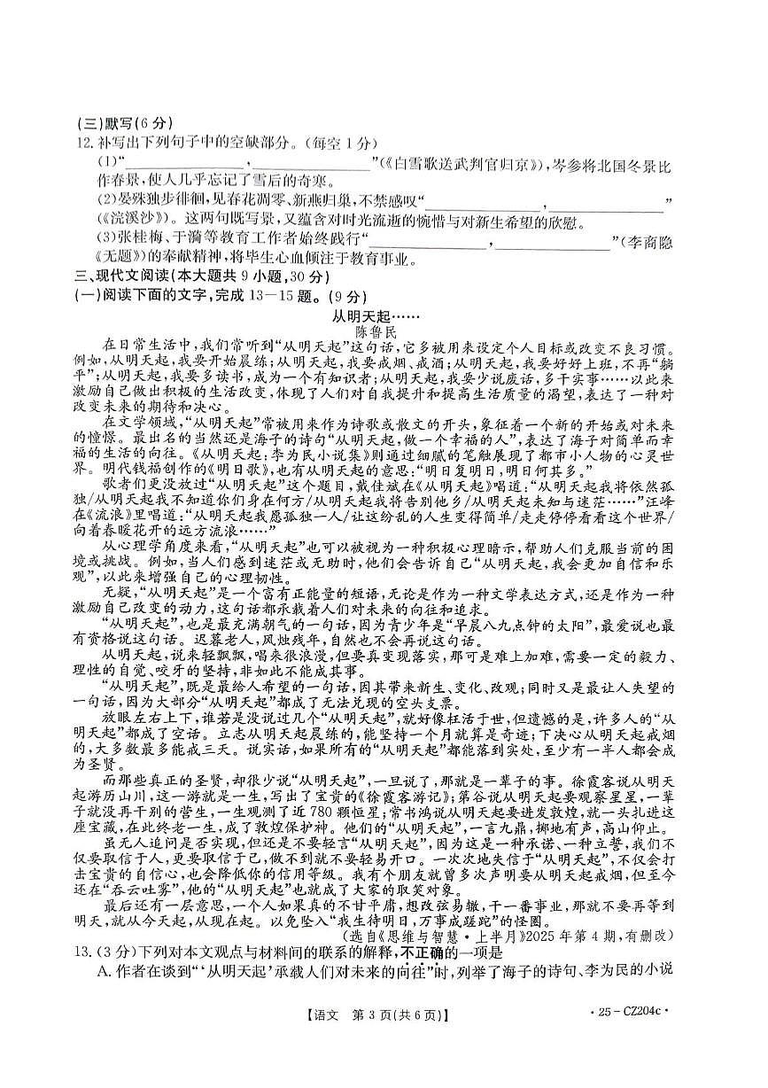 2025年江西省九江市瑞昌市中考三模语文试题（中考模拟）第3页