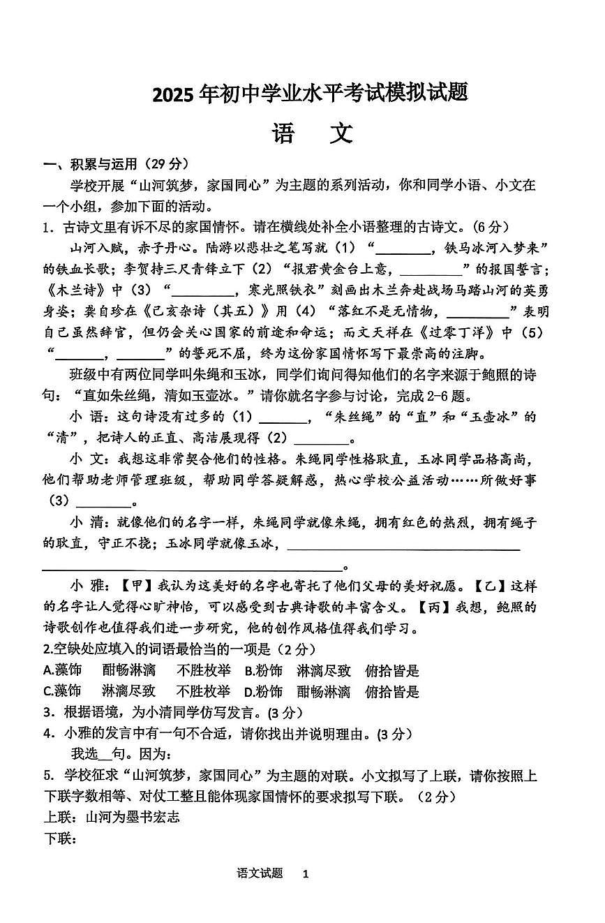 2025年山东省临沂市费县中考二模语文试题（中考模拟）第1页