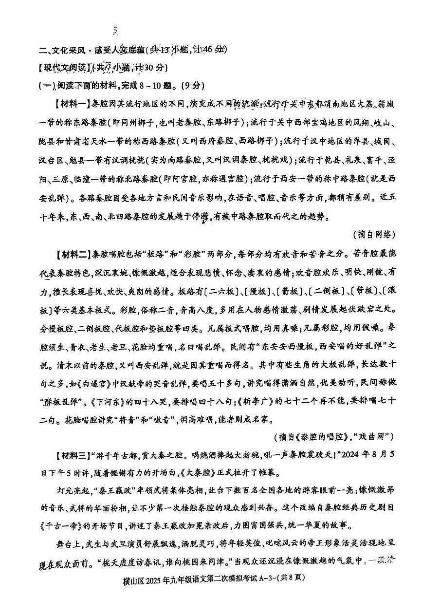 2025年陕西省榆林市横山区中考二模语文试题（中考模拟）第3页