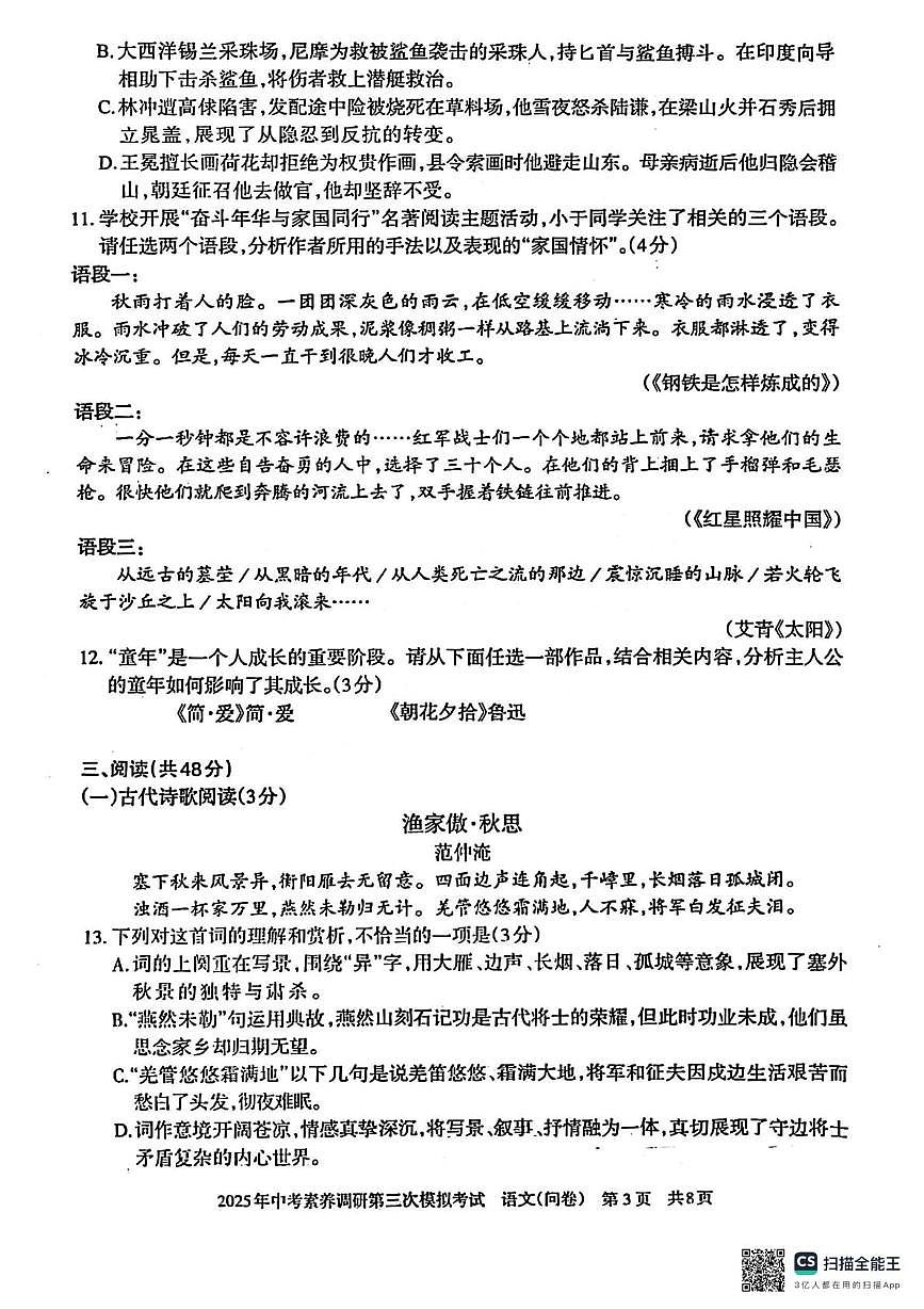 2025年新疆乌鲁木齐中考素养调研第三次语文试卷（中考模拟）第3页