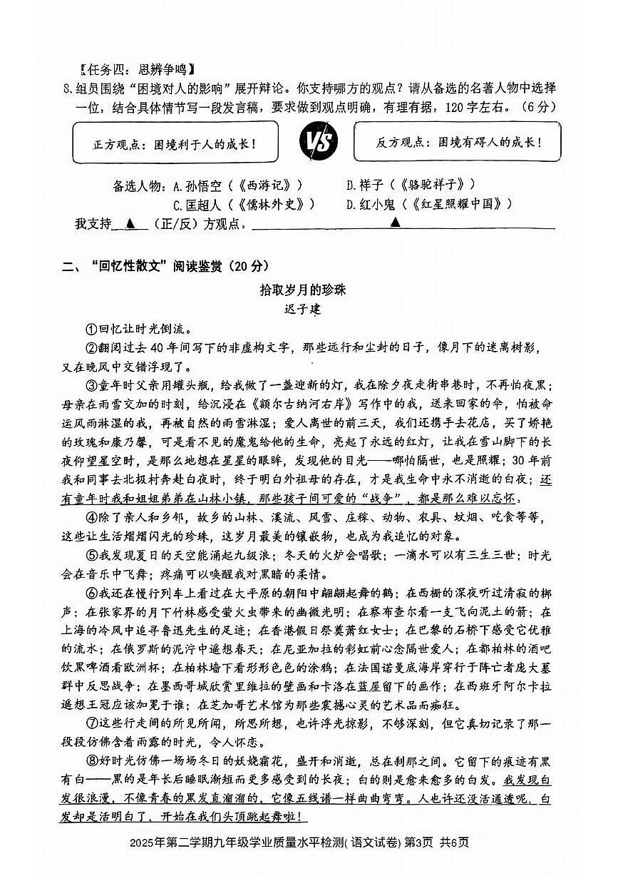 2025年浙江省舟山市定海区中考三模语文试题（中考模拟）第3页