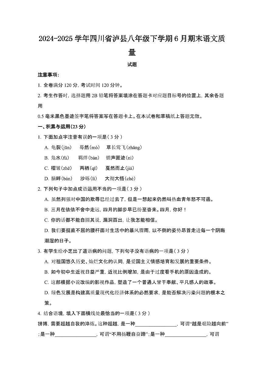 2024_2025学年四川泸县八年级第二学期6月期末语文试卷[有答案]第1页